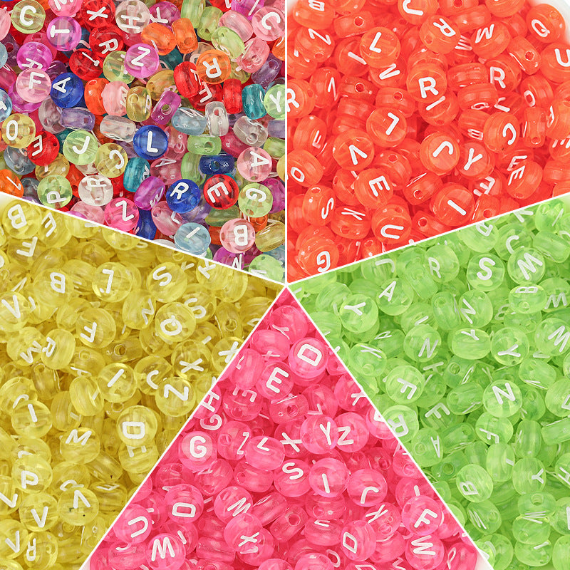 100 Pcs/Pack Acrylic Colorful English Beads Transparent Candy Color Flat round Loose Beads Diy Hand Beaded Material