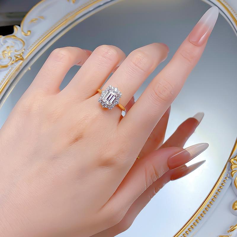 S925 Sterling Silver Rectangular Grandma Golden plated 6*8mm 6A Cubic Zirconia Ring-112(45%)