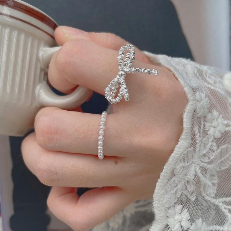 S925 Sterling Silver Broken Silver Bow Elastic Cord Stretch Beaded Ring for Women - 520(45%)
