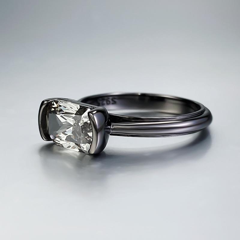 S925 Sterling Silver Black Golden Radiant Cut Rectangular Ring 6*9mm 6A Cubic Zirconia Ring-348(35%)