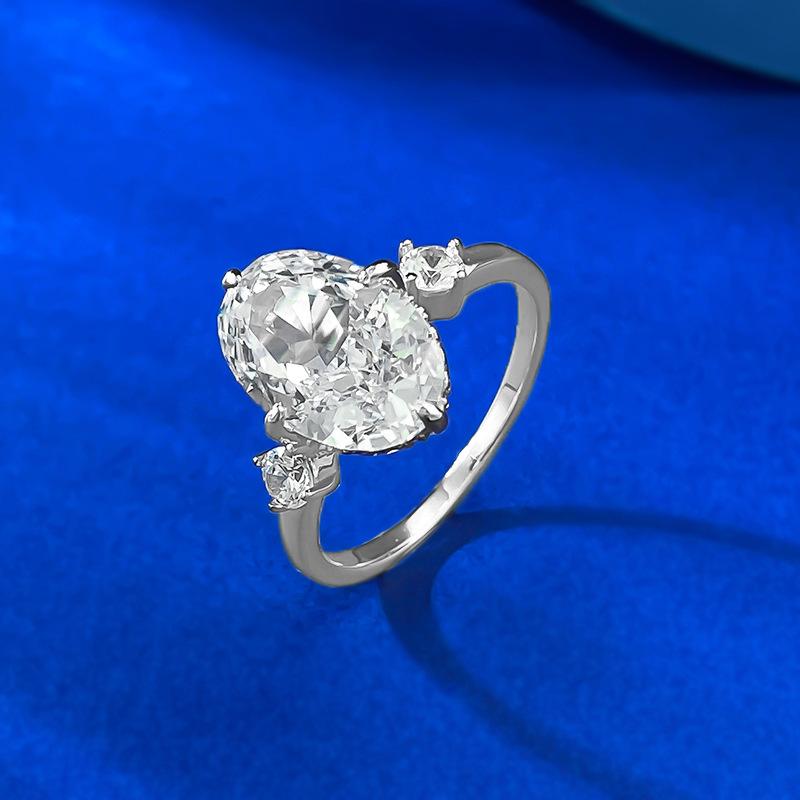 S925 Sterling Silver Ice Flower Cut Oval Three-stones Ring 8*12mm 8A Cubic Zirconia Ring-371(35%)