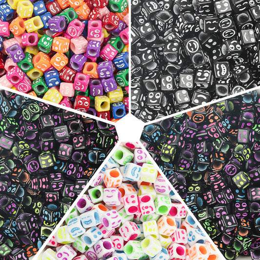 100 Pcs/Pack Acrylic Square Smiley Beads Colorful Expression Square Large Hole Beads Diy Children Bracelet Accessories