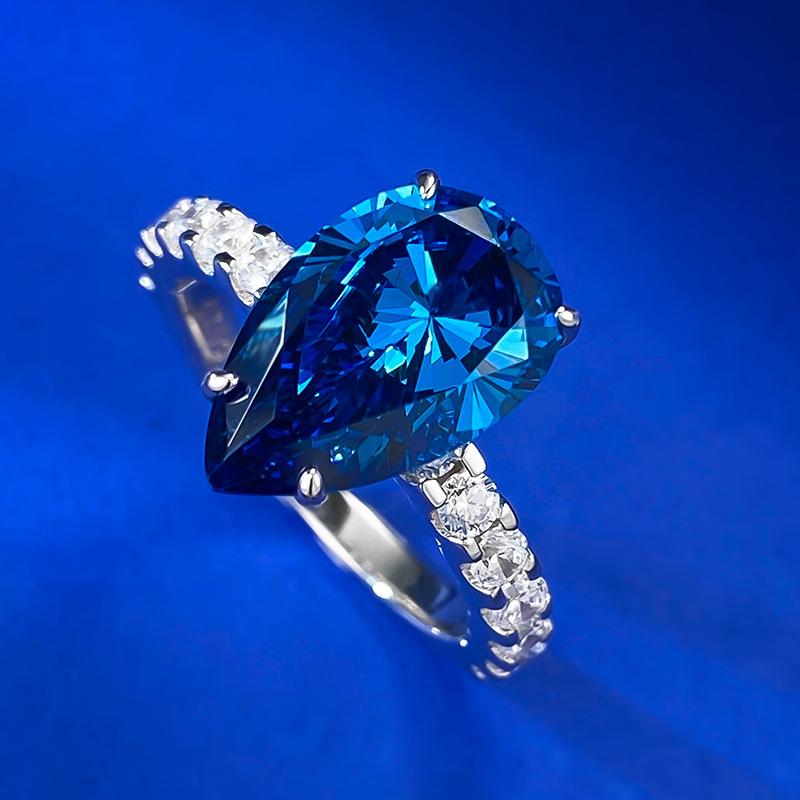 S925 sterling silver blue pear cut ring 9*14mm 8A cubic zirconia ring fashion jewelry accessory woman girl promise ring Springtok-345(35%)