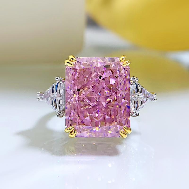 S925 Sterling Silver Pink/Yellow Rectangular Ice Flower Cut Three Stones 13*16mm 8A Cubic Zirconia Ring-444(25%)