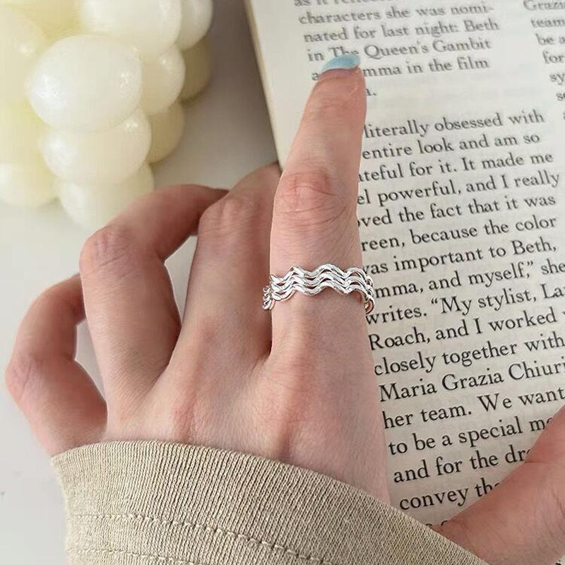 S925 Sterling Silver Three-Layer Wave Ring for Women Geometric Open Ring -532(45%)