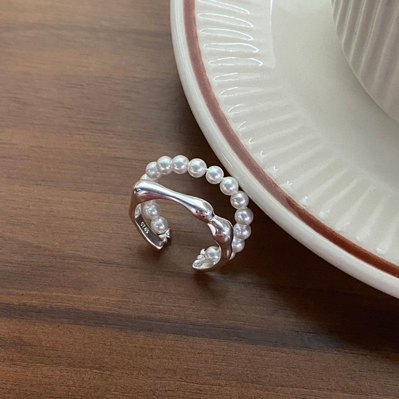 S925 Sterling Silver Double-Layer Pearl Ring for Women Switchable Index Finger Ring-512(45%)