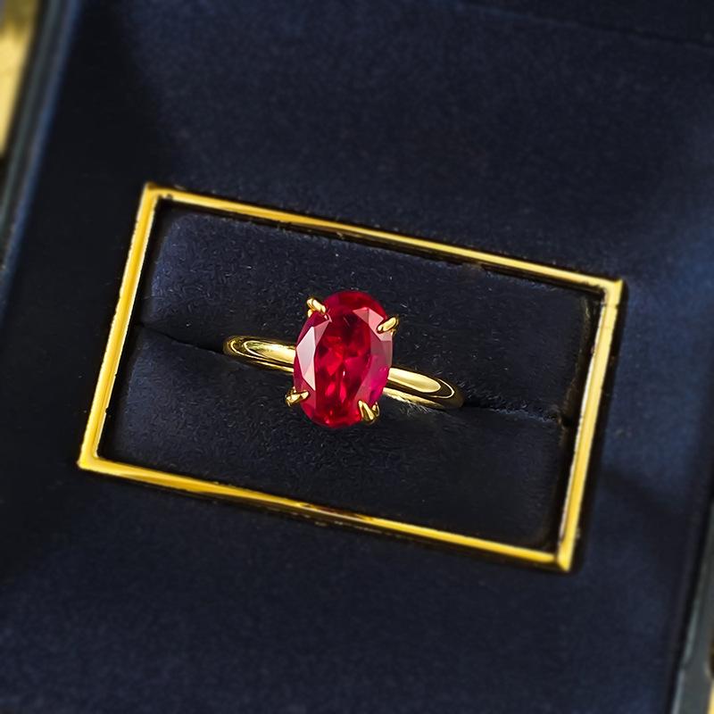 S925 sterling silver red oval cut golden plated ring 7*10mm 6A cubic zirconia ring -102(35%)