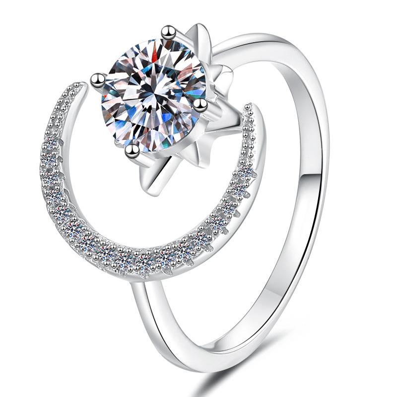 S925 Sterling Silver Starmoon Open Ring Synthetic Moissanite Ring fashion jewelry accessory woman girl promise ring-201(35%)