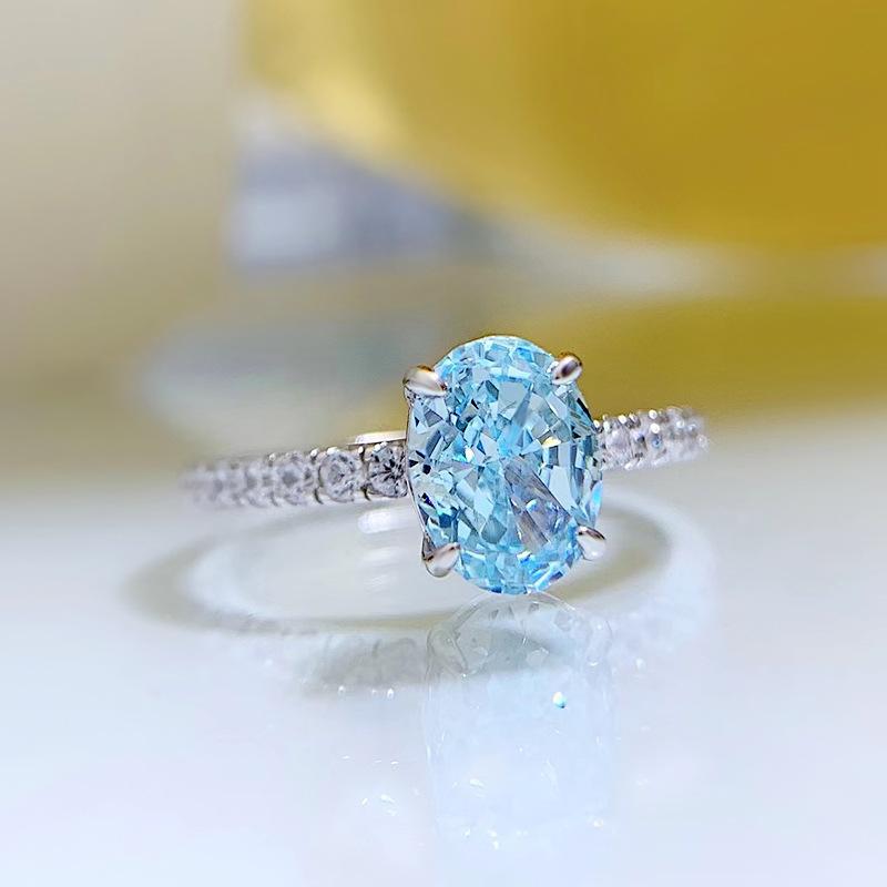 S925 Sterling Silver Aquamarine Radiant Cut Oval Ring 6*8mm 6A Cubic Zirconia Ring-272(35%)
